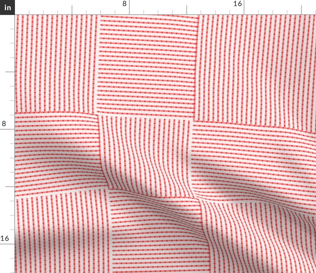 Patchwork Quilt Squares in Shades of Firecracker Red Seersucker-look Stripes