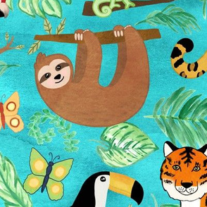 Wild And Wonderful Jungle Friends - Turquoise Background + Large Scale