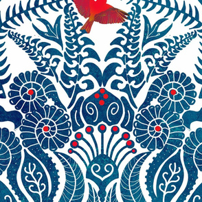 Hapuu Fern Damask blue and white iiwi bird LARGE