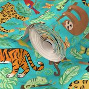 Wild And Wonderful Jungle Friends - Turquoise Background + Small Scale