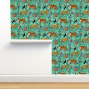 Wild And Wonderful Jungle Friends - Turquoise Background + Small Scale