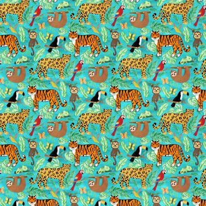 Wild And Wonderful Jungle Friends - Turquoise Background + Small Scale