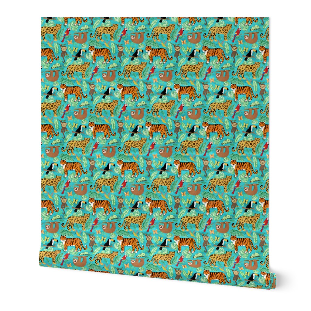 Wild And Wonderful Jungle Friends - Turquoise Background + Tiny Scale
