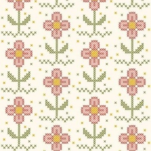 Cottage garden – pink and orange primroses with oli green foliage in Crosstitch style embroidery, for little girl dresses, kids apparel, home decor, nursery accessories, floral cushions, in cottage core style