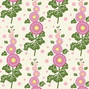 Medium large scale Cottage garden - pink  Hollyhocks Traditional Pattern , for girls dresses, kids apparel, nursery decor, baby quilts, kids bed linen