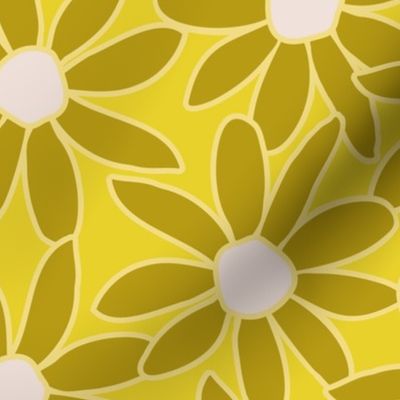Daisy Garden in Lemon Yellow, lime Green and cool white - jumbo scale wallpaper and home decor , large  scale, bold and modern floral pattern for dresses and apparel , adorable nursery sheets and bumper pads, bibs, burp cloths and more   