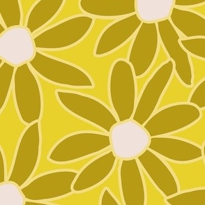 Daisy Garden in Lemon Yellow, lime Green and cool white - jumbo scale wallpaper and home decor , large  scale, bold and modern floral pattern for dresses and apparel , adorable nursery sheets and bumper pads, bibs, burp cloths and more   