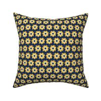 Cottage  Garden - blue, mustard and cream stylised floral repeat  pattern For upholstery, wallpaper, cotton bedlinen, cotton tablecloths, placemats and cosy cushions