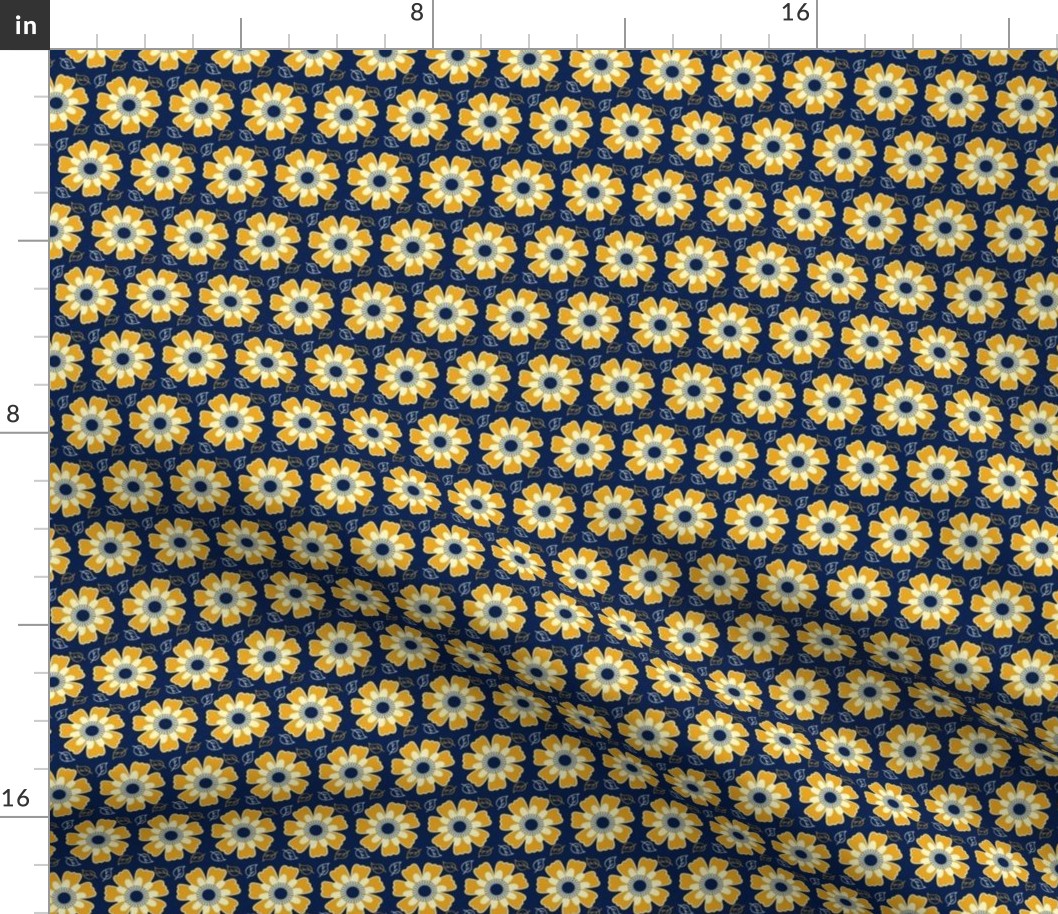 Cottage  Garden - blue, mustard and cream stylised floral repeat  pattern For upholstery, wallpaper, cotton bedlinen, cotton tablecloths, placemats and cosy cushions