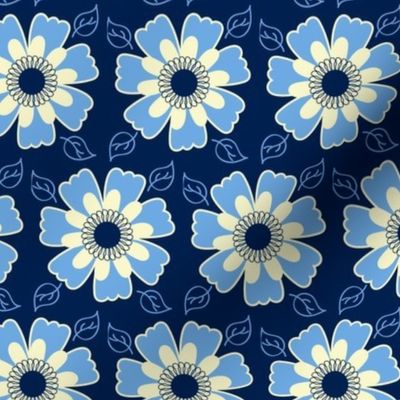 Cottage garden - Blue and Cream large scale Symmetrical floral pattern suitable for wallpaper, cozy throw pillows, curtains, bagmaking and home accessories in general