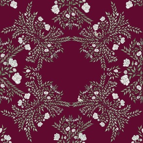 English Garden Watercolor Pattern on Burgundy