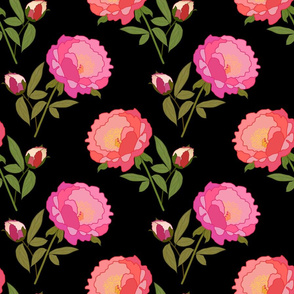 Peony Magic! - black, large scale, jumbo wallpaper 