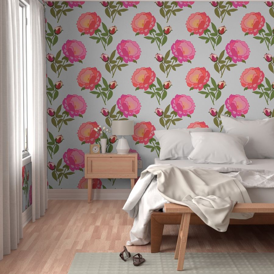 Peony Magic! - silver grey, large scale, jumbo wallpaper 