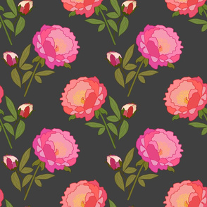 Peony Magic! - charcoal grey, large scale, jumbo wallpaper 