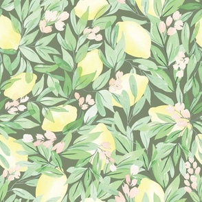 Floral Lemon Watercolor on Green Grey