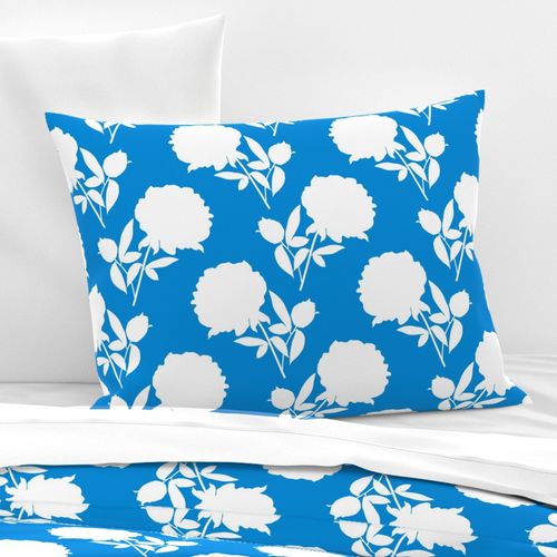 Peony Magic! - white on azure blue, large scale, jumbo wallpaper 