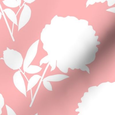 Peony Magic! - white on coral pink, large scale, jumbo wallpaper 