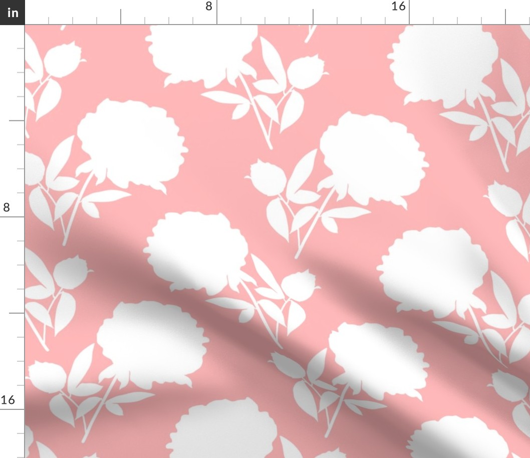 Peony Magic! - white on coral pink, large scale, jumbo wallpaper 