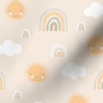 Sunny sunshine day and rainbows sky kids clouds design nursery sweet dreams soft neutral blush yellow mint