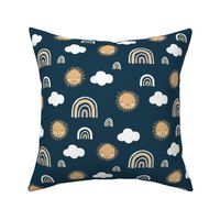 Sunny sunshine day and rainbows sky kids clouds design nursery sweet dreams soft neutral yellow blue gray navy night