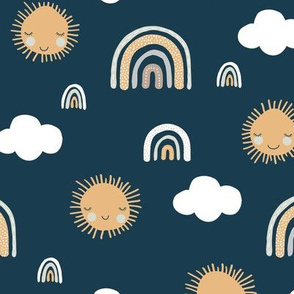 Sunny sunshine day and rainbows sky kids clouds design nursery sweet dreams soft neutral yellow blue gray navy night