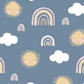 Sunny sunshine day and rainbows sky kids clouds design nursery sweet dreams soft neutral yellow stone blue gray pink night