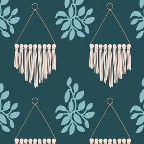 Boho Macrame Wall Hanging with Plant in Teal and Beige