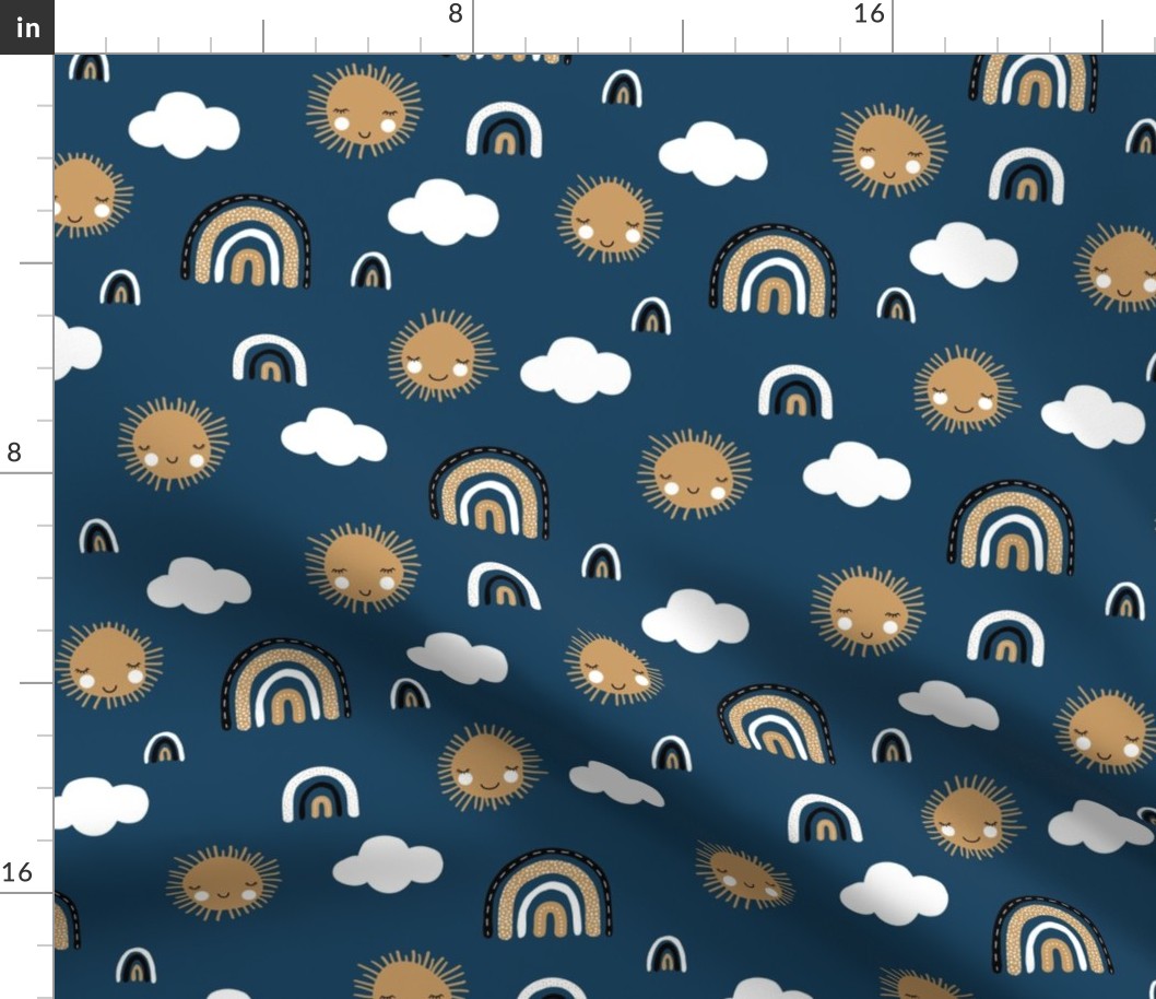 Sunny sunshine day and rainbows sky kids clouds design nursery sweet dreams night navy blue cinnamon ochre white