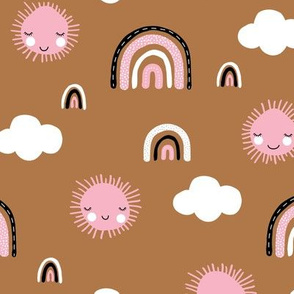 Sunny sunshine day and rainbows sky kids clouds design nursery sweet dreams night copper rust brown pink white