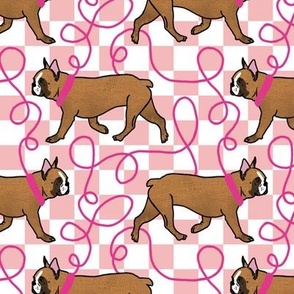 French Bulldogs Walking, Pink Checkers