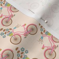 My Bike Mid-Century Modern Retro Vintage Bicycle with Flowers in Pastel Pink Brown Green Blue on Cream - TINY Scale - UnBlink Studio by Jackie Tahara