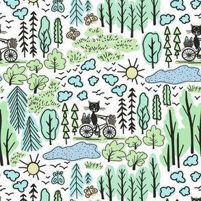 Cat on bicycle in the forest: Cartoon hand painted pattern for