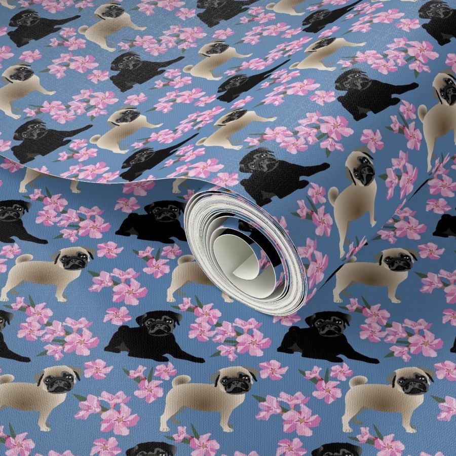 Pug Dogs with pink flowers on blue denim cute puppy floral  dog fabric