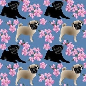 Pug Dogs with pink flowers on blue denim cute puppy floral  dog fabric