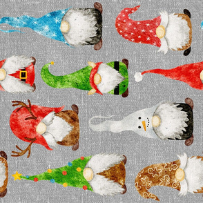 Christmas Gnome Assortment on Silver Grey Linen Rotated - large scale