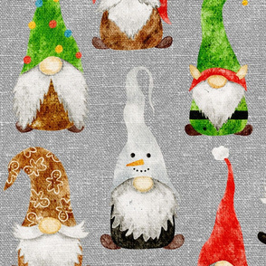 Christmas Gnome Assortment on Silver Grey Linen - extra large scale 