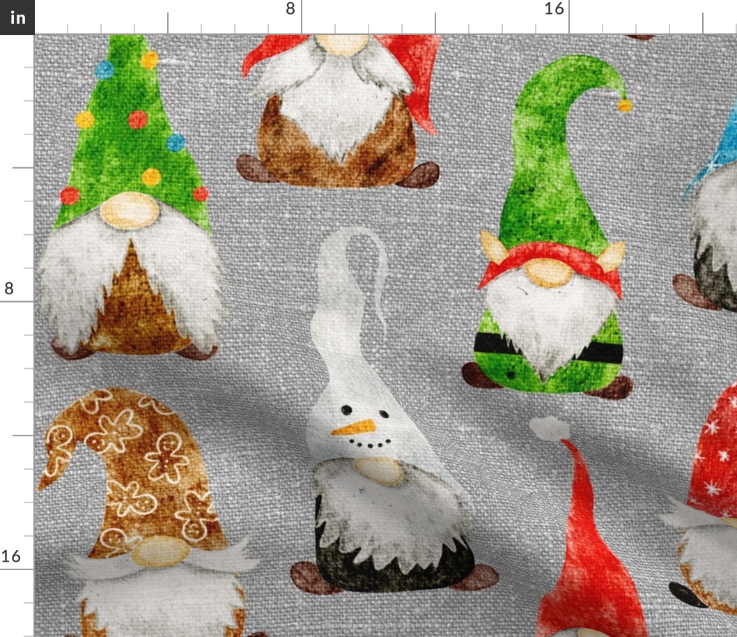 Christmas Gnome Assortment on Silver Grey Linen - extra large scale 