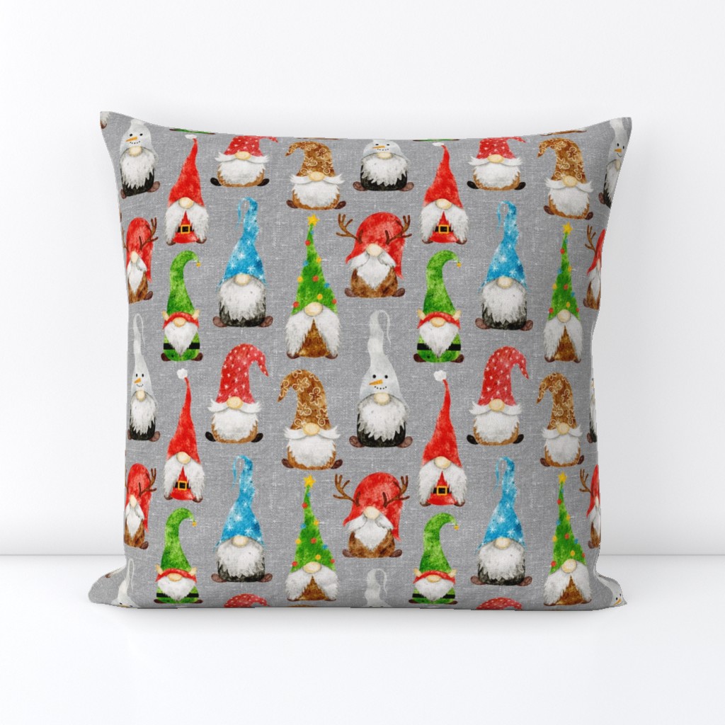 Christmas Gnome Assortment on Silver Grey Linen - small scale