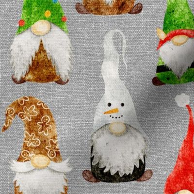 Christmas Gnome Assortment on Silver Grey Linen - medium scale