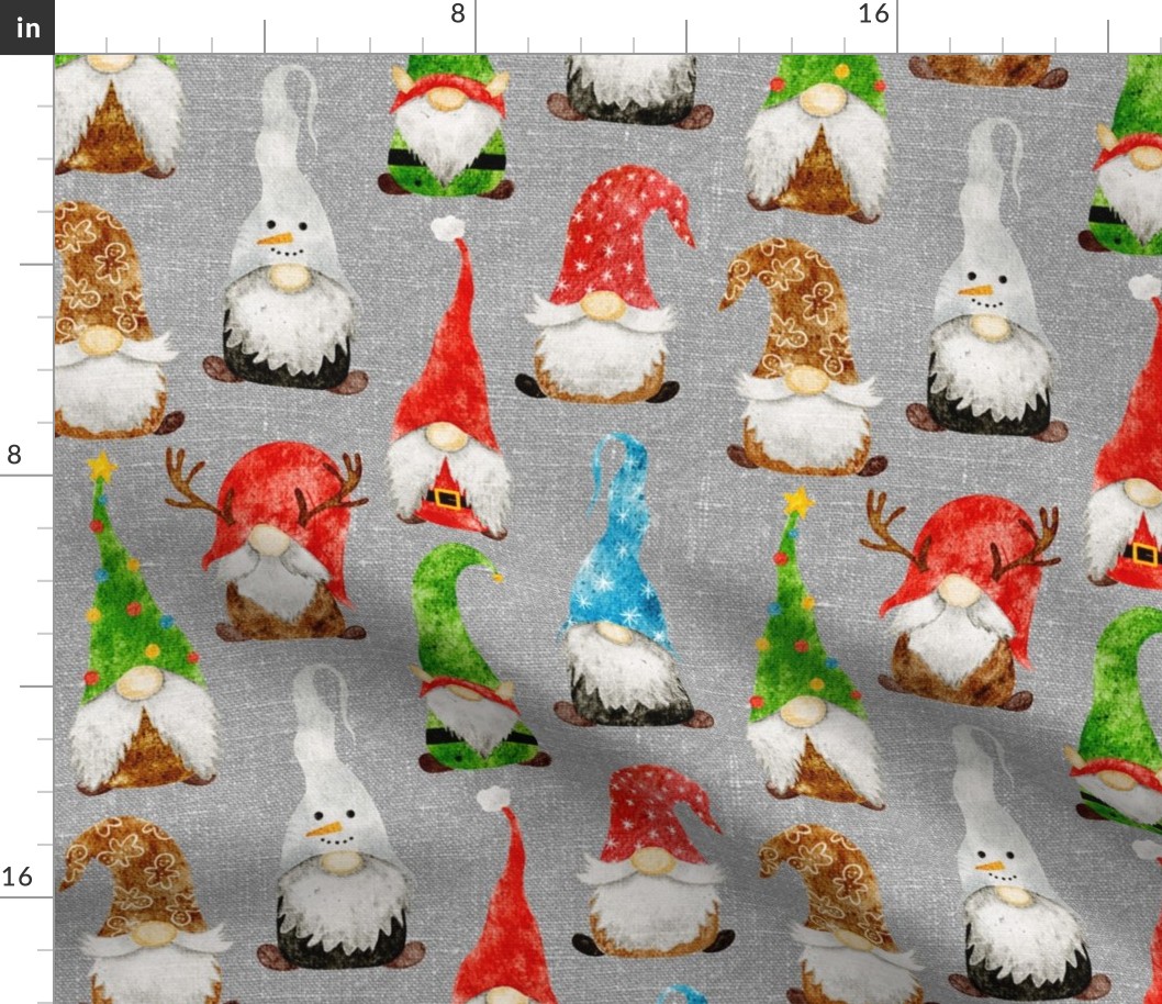 Christmas Gnome Assortment on Silver Grey Linen - medium scale