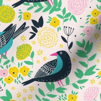 Birds in the garden in happy yellow