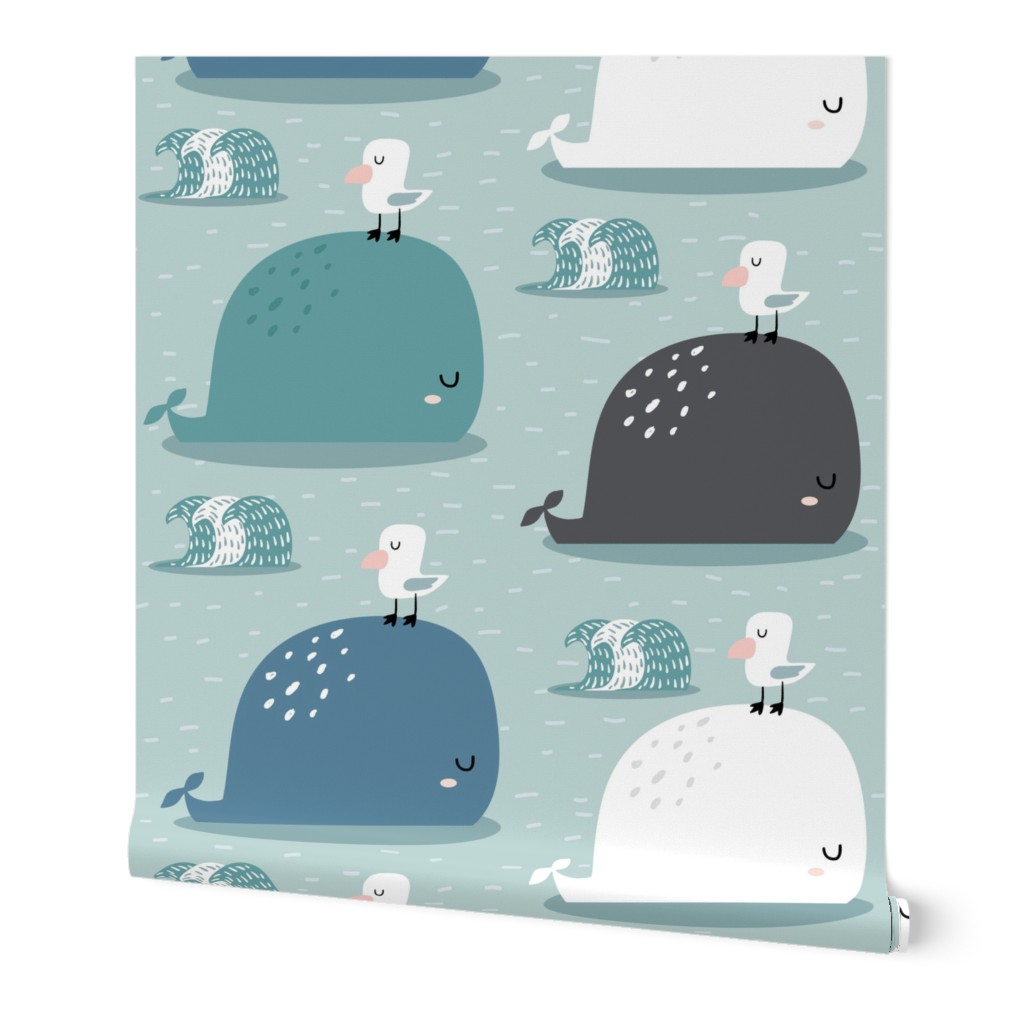 Cute whale with a gull marine pattern