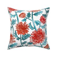 Red Chrysanthemum Watercolor & Pen Pattern - Mint - Large Scale