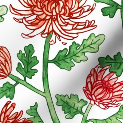 Red Chrysanthemum Watercolor & Pen Pattern - White - Large Scale