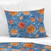 Chrysanthemum Watercolor & Pen Pattern - Cornflower Blue  - Large Scale