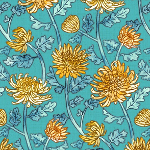 Yellow Chrysanthemum Watercolor & Pen Pattern - Blue - Large Scale