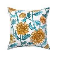 Yellow Chrysanthemum Watercolor & Pen Pattern - White - Large Scale