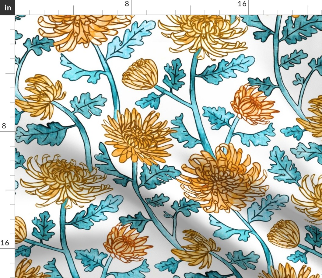 Yellow Chrysanthemum Watercolor & Pen Pattern - White - Large Scale