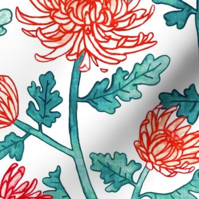 Chrysanthemum Watercolor & Pen Pattern - Pastels - Large Scale