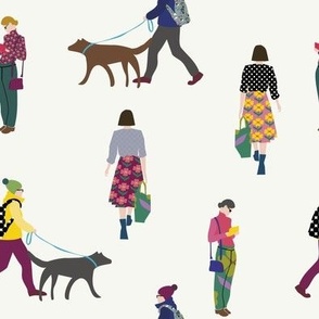 people walking on the street with dog- ecru-